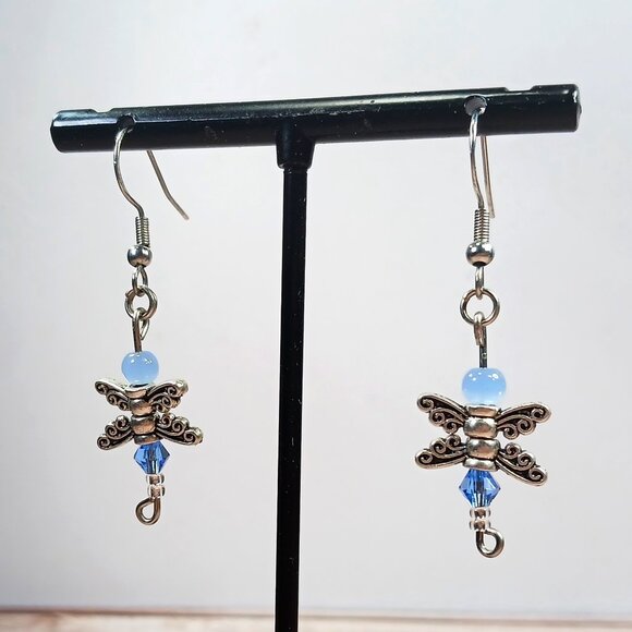 Blue Crystal Dragonfly Dangle Earrings - Picture 5 of 9